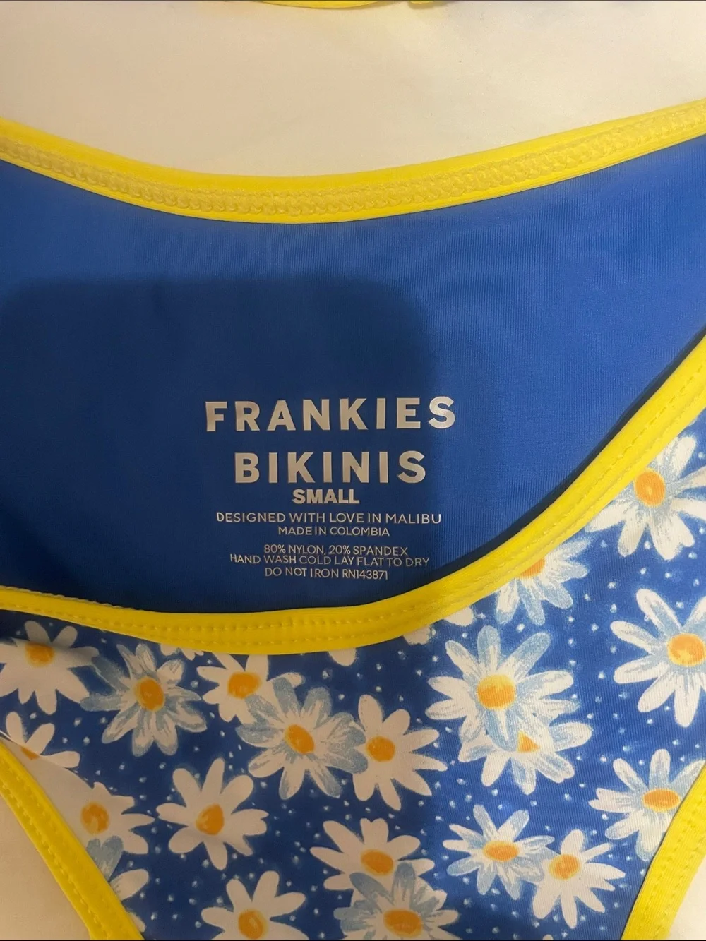 Frankie's Bikinis Blue Daisy Triangle Dove Classic Bikini with Yellow Trim